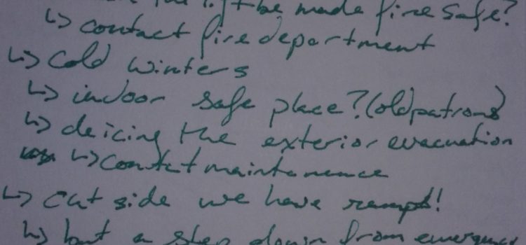 Museologist Notes 8.5 List form brainstorming for accessible evacuation starting with 'Big Idea' at the top followed by subheadings such as 'we have stairs' and 'outside there are ramps'
